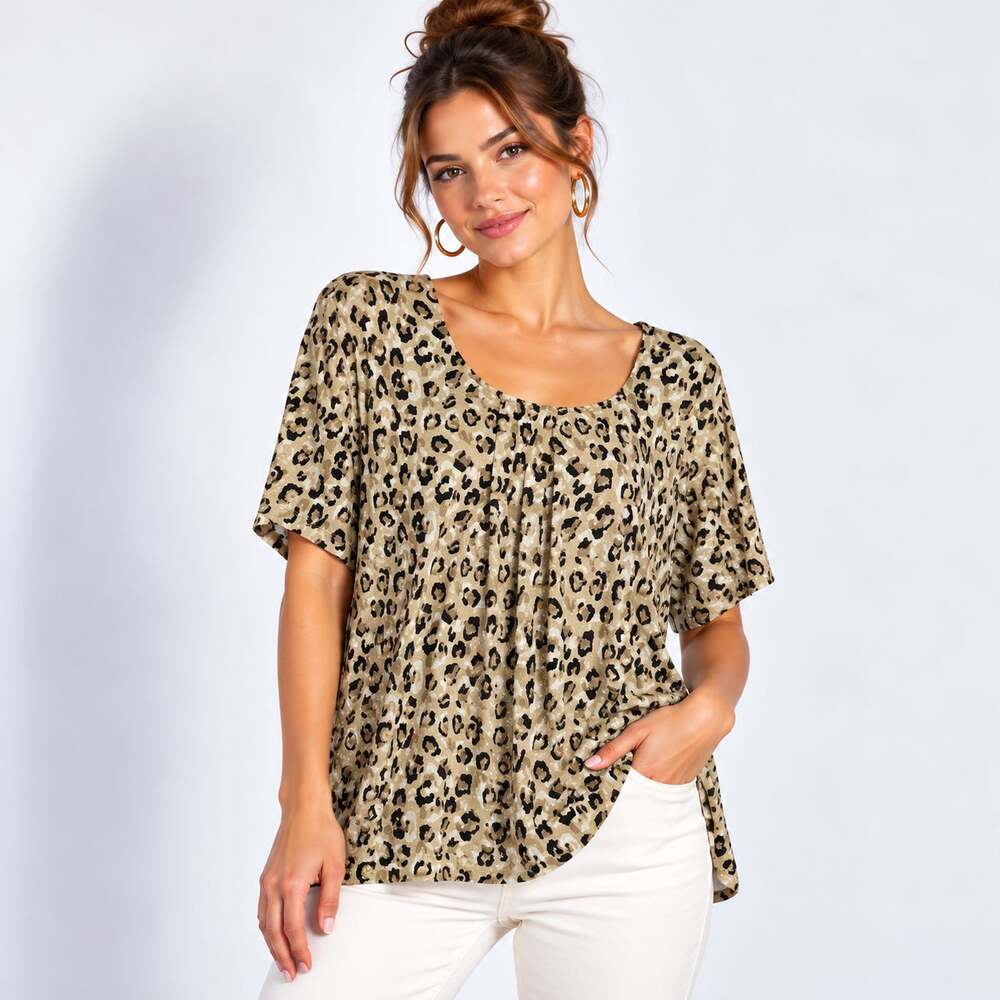 Susan Graver Liquid Knit Blouse Women's Size 2X Brown Cheetah Office Casual